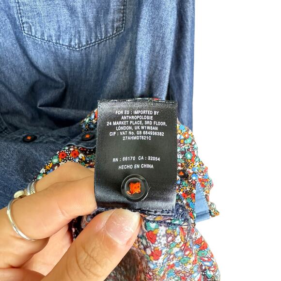 Postmark Anthropologie Flora-Spliced Chambray Floral Button Up Long Sleeve Top - Picture 10 of 10